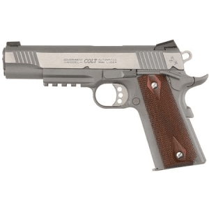 Colt 1911 Stainless 9mm Rail Gun with Diamond Checkered Rosewood Grips (LE) (Law Enforcement/Military Only)