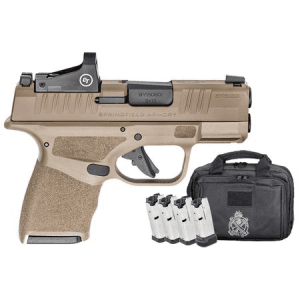 Springfield Hellcat 9mm Semi-Auto Pistol FDE Gear Up Package with Crimson Trace Optic, Five Magazines, and Range Bag