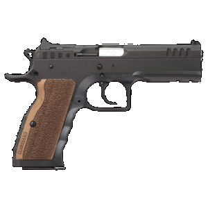 Tanfoglio IFG TFSTOCKI9 Defiant Stock I 9mm Luger Caliber with 4.50" Barrel, 16+1 Capacity, Overall Black Finish Steel, Picatinny Rail/Beavertail Frame, Serrated Slide & Wood Grip