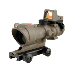 Trijicon ACOG Rifle Scope 4x 32mm Dual-Illuminated Red Chevron 223 Remington Reticle with 3.25 MOA RMR Type 2 Red Dot Sight and Colt Knob Thumbscrew Mount Cerakote Flat Dark Earth