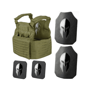 Spartan Armor Achilles Plate Carrier with AR550 Body Armor Ballistic Plate III+ Single Curve Base Coat with Side Plates Spartan OD Green