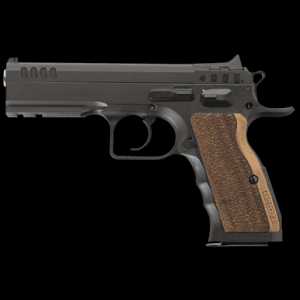 Tanfoglio IFG TF-STOCKI-9SF Defiant Stock I 9mm Luger Caliber with 4.50" Barrel, 16+1 Capacity, Overall Black Finish Steel, Picatinny Rail/Beavertail Short Frame, Serrated Slide & Wood Grip