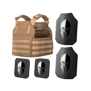 Spartan Armor Spartan Shooter's Cut Plate Carrier with AR500 Body Armor Ballistic Plate III Single Curve Base Coat with Side Plates Coyote Brown