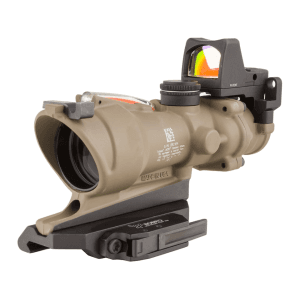 Trijicon Acog Rifle Scope 4x 32mm Dual-Illuminated Red Crosshair 5.56 Reticle With 3.25 Moa Rmr Type 2 Red Dot Sight, Iron Sight And Trijicon Quick Release Mount Cerakote Flat Dark Earth