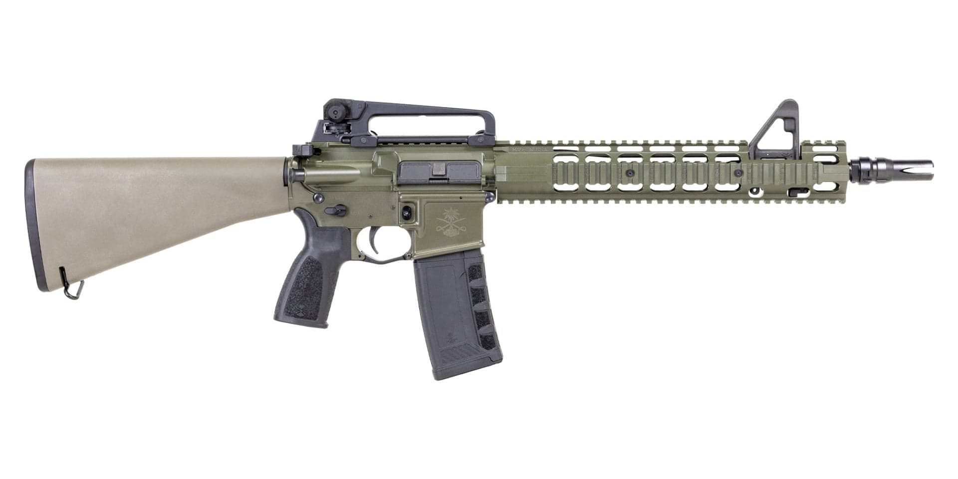 PSA "Sabre" Forged 13.7" Mid-Length 5.56 FSB with 13" Two-Piece Quad Rail and JMAC GFHC-E Pin//Weld A1 Stock and Carry Handle Rifle, Cerakote ODG