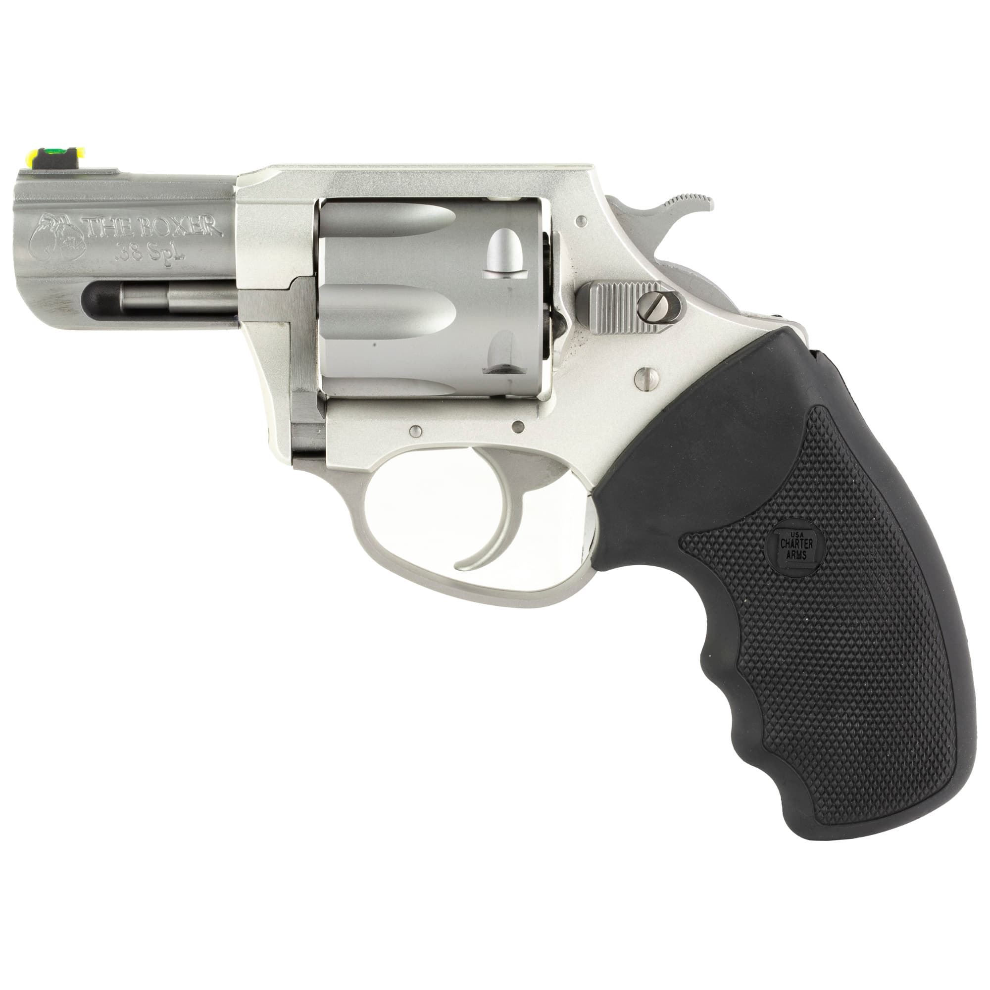 Charter Arms The Boxer .38 Special Revolver, 2.2" Barrel, Fiber Optic Front Sights, Silver - 53620