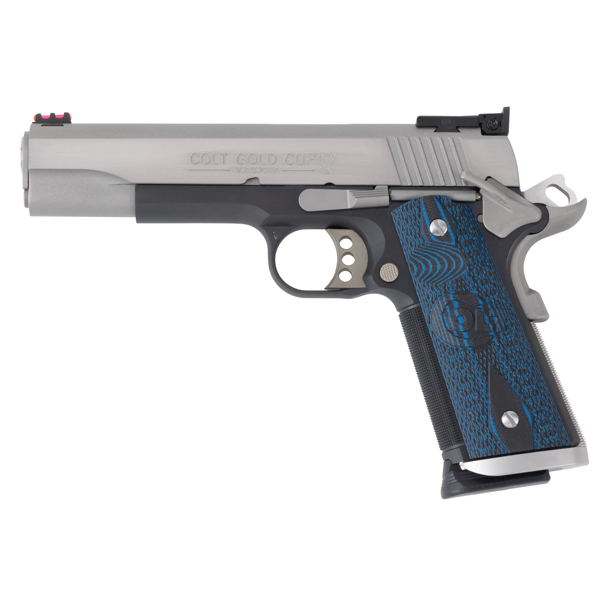 Colt .45 ACP 1911 Pistol, 5" Barrel, Fiber Optic Sights, Silver, Black - O5970XETT