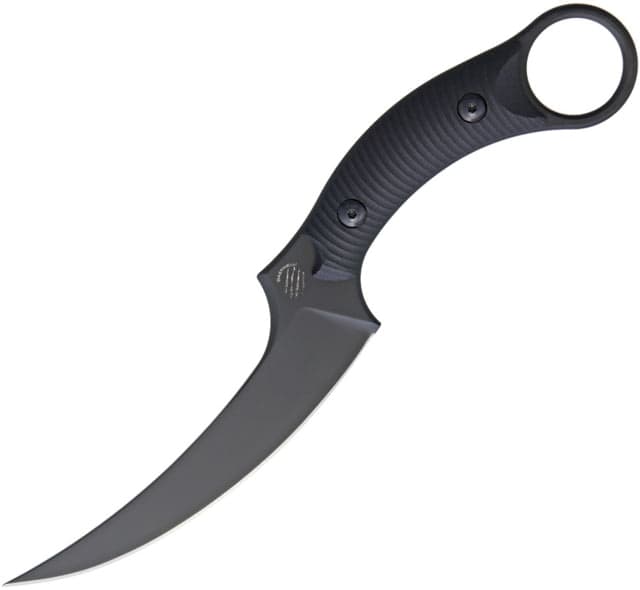Bastinelli Creations Mako Fixed Blade PVD Knife 9in Overall 5in Black Pvd Coated N690Co Steel Curved Blade Black Sculpted G10 Handle Finger Ring Black
