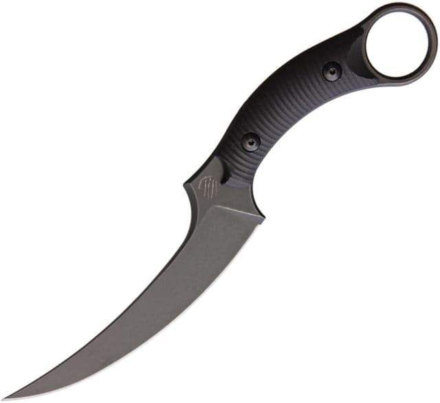 Bastinelli Creations Mako Knife 8.75in Overall 4.75in Black Stonewash N690Co Steel Curved Blade Black Grooved G10 Handle Finger Ring Black Kydex