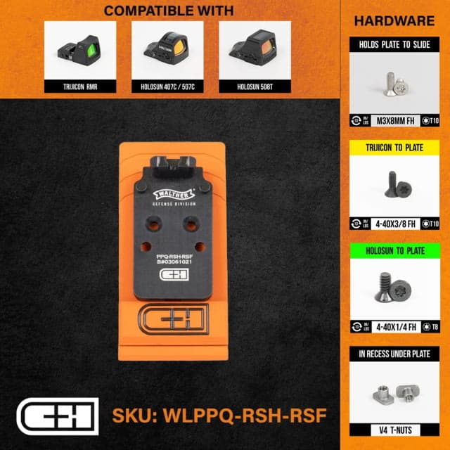 C&H Precision Weapons Optics Adapter Plate Walther PPQ/Q4/Q5 Trijicon RMR/SRO - Rear Sight Forward