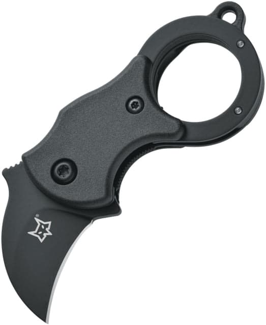 Fox Mini-Ka Linrlock Folding Knife 1in Black Cerakote Finish 420 SS Hawkbill Blade Black Frn Handle Finger Ring Pocket Clip Black FX-535