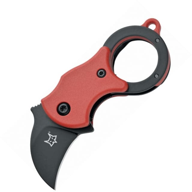 Fox Mini-Ka Linrlock Red Folding Knife 1in Black Cerakote Finish 420 SS Hawkbill Blade Red Frn Handle Finger Ring Pocket Clip Red FX-535 RB