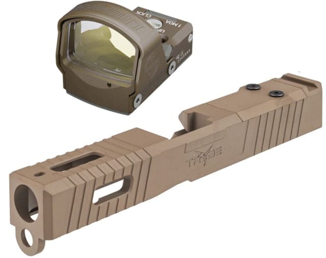 Leupold DeltaPoint Pro 6 MOA Dot Red Dot Sight Flat Dark Earth and TRYBE Defense Pistol Slide Glock 19 Gen 3 DeltaPoint Pro Cut Version 1 FDE Cerakote
