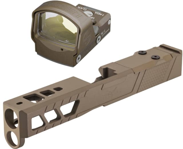 Leupold DeltaPoint Pro 6 MOA Dot Red Dot Sight Flat Dark Earth and TRYBE Defense Pistol Slide Glock 19 Gen 5 DeltaPoint Pro Cut Version 2 FDE Cerakote