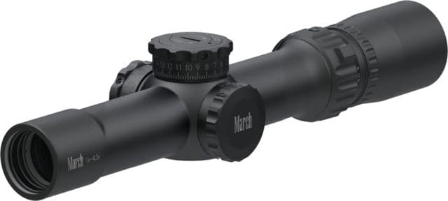 March Scopes Tactical Turret 1-4.5x24mm Rifle Scopes 30mm Tube Second Focal Plane MTR-5 Reticle Black D4.5V24TMMTR-5 Reticle