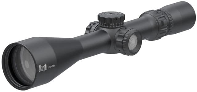 March Scopes Tactical Turret Illuminated 2.5-25x52mm Rifle Scope 30mm Tube Second Focal Plane FD-1 Reticle Black D25V52TIMLFD-1 Reticle