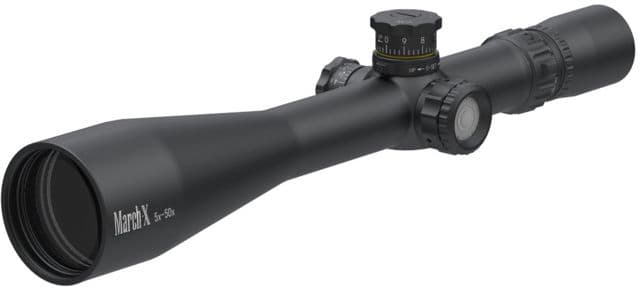 March Scopes Tactical Turret 5-50x56mm Rifle Scopes 34mm Tube Second Focal Plane MTR-3 Reticle Black D50V56TIMTR-3 Reticle
