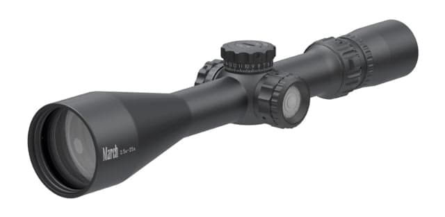 March Scopes Tactical Turret Illuminated 2.5-25x52mm Rifle Scope 30mm Tube Second Focal Plane MTR-4 Reticle Black D25V52TIMTR-4 Reticle
