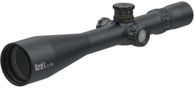 March Scopes 5-50x56mm Tactical Turret Riflescope 34mm Tube Second Focal Plane MTR-RTM Reticle Black D50V56TIMTR-RTM Reticle