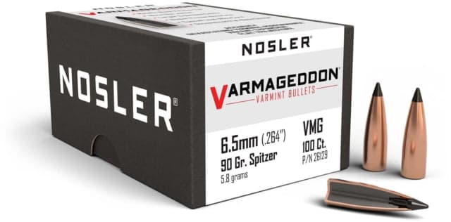 Nosler Varmageddon 6.5mm .264 90 GR Flat Base Tipped FBT 100 Box