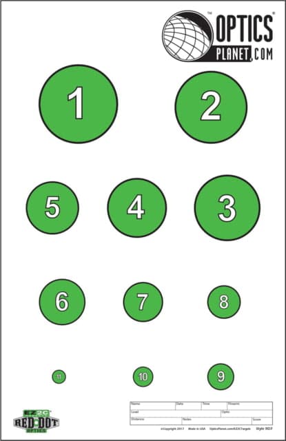 OpticsPlanet Exclusive EZ2C Targets Red Dot Optics Style 7 Green and Black Ink on High Quality White Paper 25 Pack