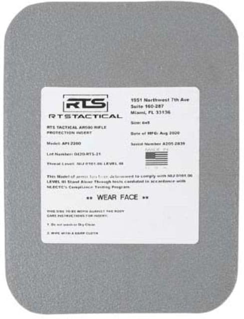 RTS Tactical AR500 NIJ 0101.06 Level III Side Plate Insert 6X8 Base Coat Grey