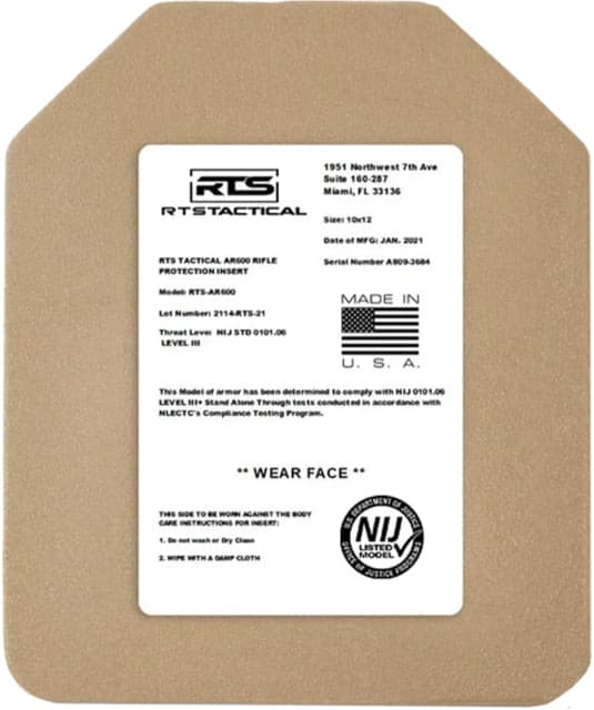 RTS Tactical AR600 Level III+ Special Threat Insert - 10X12 - Base Coat Tan
