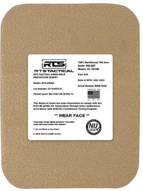 RTS Tactical AR600 NIJ 0101.06 Level III+ Side Plate Insert - 6X8 - Base Coat Tan