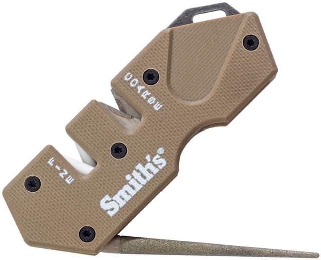 Smith's Sharpeners PP1 Mini Tactical Sharpener 3.25in Overall Desert Tan G10 Handle Non-Slip Base Ceramic And Carbide Sharpening Slots Diamond Coated