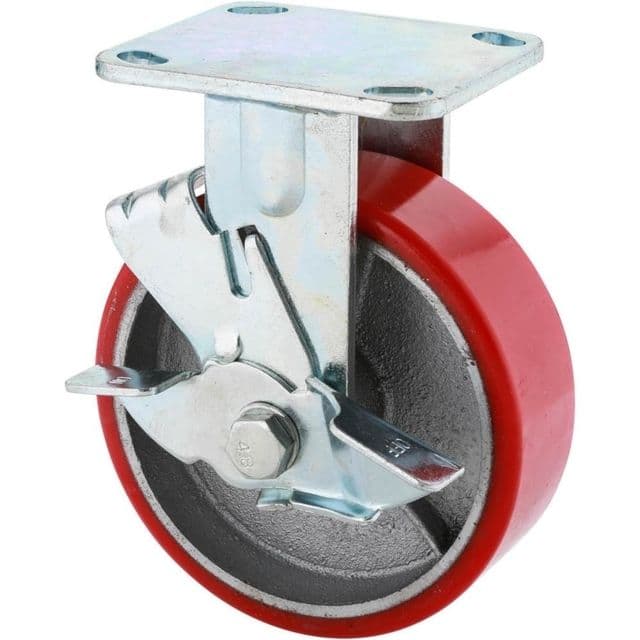 Steelex 6in Polyurethane Cast Iron Hub Fixed Caster Plate Mount with Lock