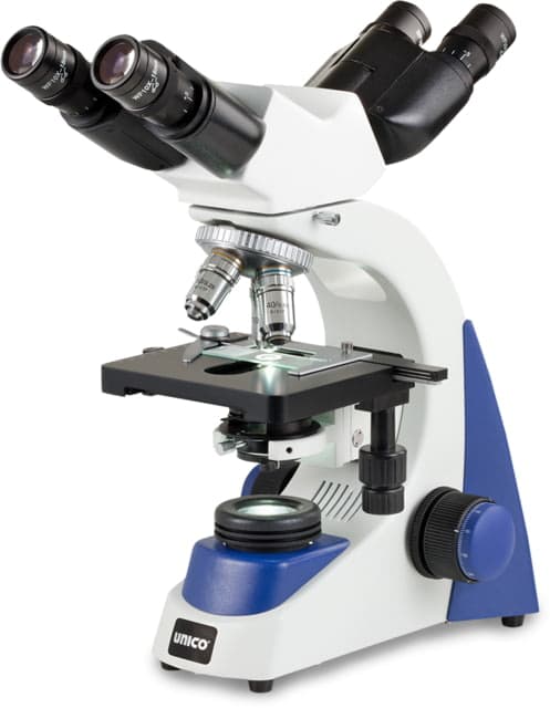 UNICO Dual-Binocular Infinity 4X 10X 40x100XR Achromat Mechanical Abbe NA 1.25 6 Volt / 20 Watt